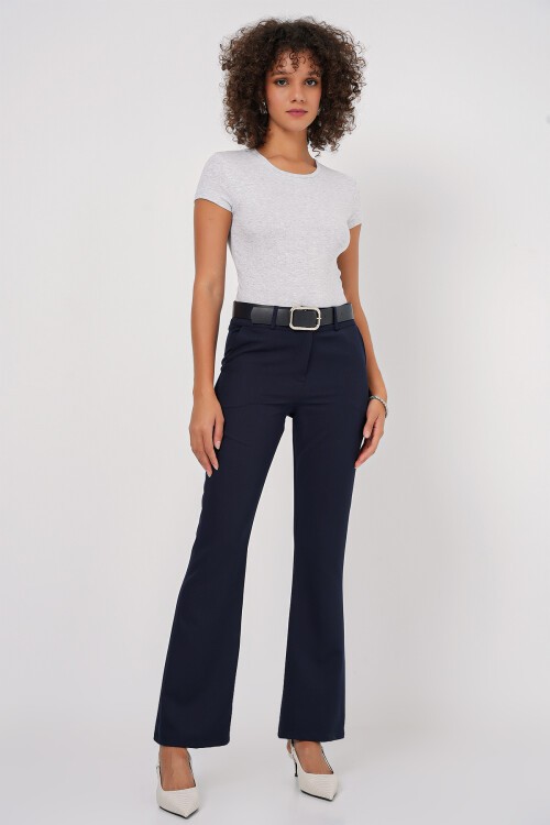 Merterium 6538 Kemerli İspanyol Paça Pantolon - Lacivert