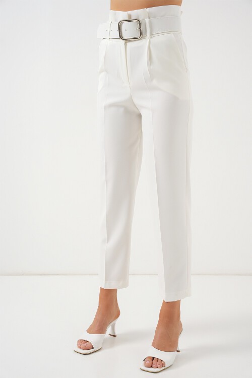 Merterium 6556 Kemerli Kumaş Pantolon - Ekru