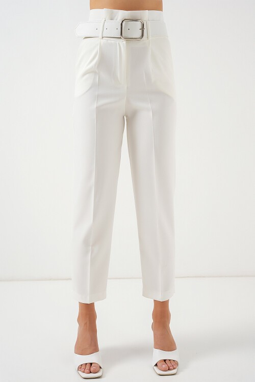 Merterium 6556 Kemerli Kumaş Pantolon - Ekru