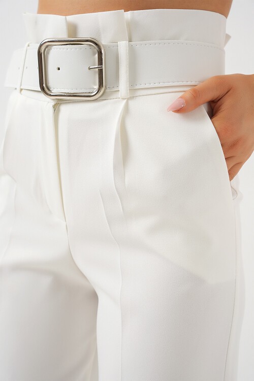 Merterium 6556 Kemerli Kumaş Pantolon - Ekru