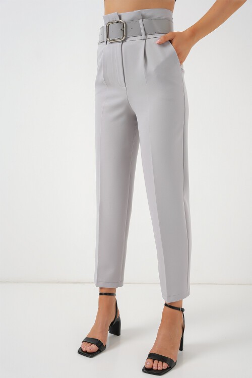 Merterium 6556 Kemerli Kumaş Pantolon - Gri