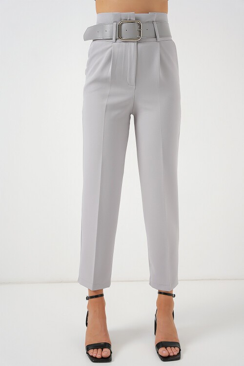 Merterium 6556 Kemerli Kumaş Pantolon - Gri