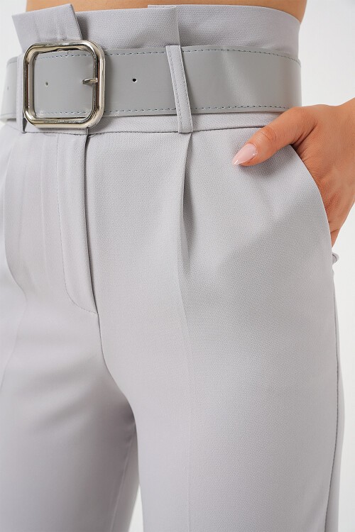 Merterium 6556 Kemerli Kumaş Pantolon - Gri