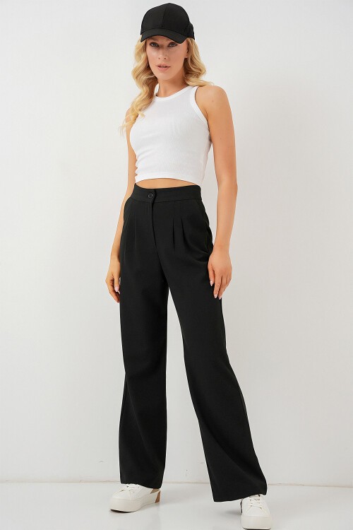 Merterium 6638 Yüksek Bel Palazzo Pantolon - D. Siyah