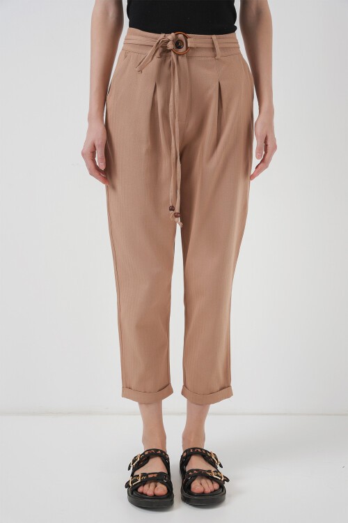 Merterium 6660 Kemerli Keten Pantolon - Bisküvi