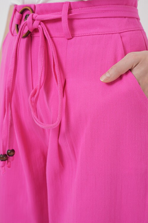 Merterium 6660 Kemerli Keten Pantolon - Fuşya