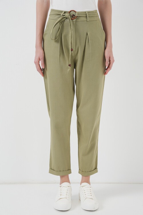 Merterium 6660 Kemerli Keten Pantolon - Haki