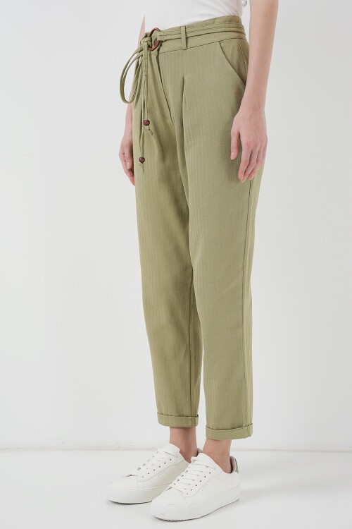 Merterium 6660 Kemerli Keten Pantolon - Haki
