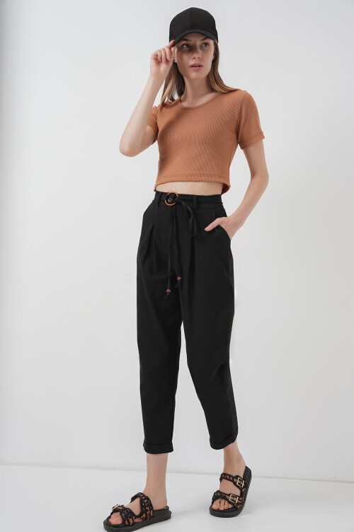Merterium 6660 Kemerli Keten Pantolon - Siyah