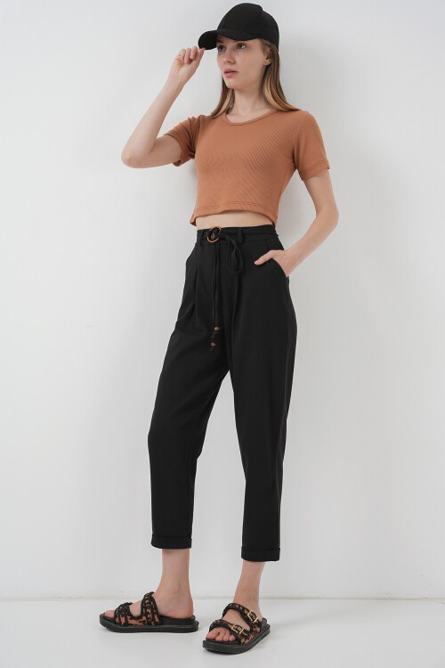 Merterium 6660 Kemerli Keten Pantolon - Siyah