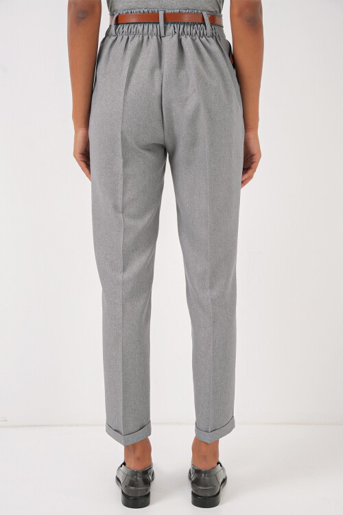 Merterium 6686 Kadın Pileli Kemerli Kumaş Pantolon - Gri