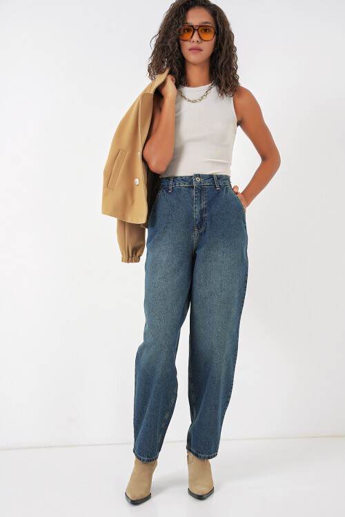 Merterium 6688 Kadın Yüksek Bel Baggy Kot Pantolon - İndigo