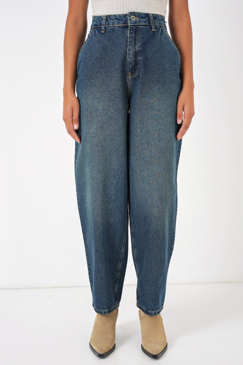 Merterium 6688 Kadın Yüksek Bel Baggy Kot Pantolon - İndigo