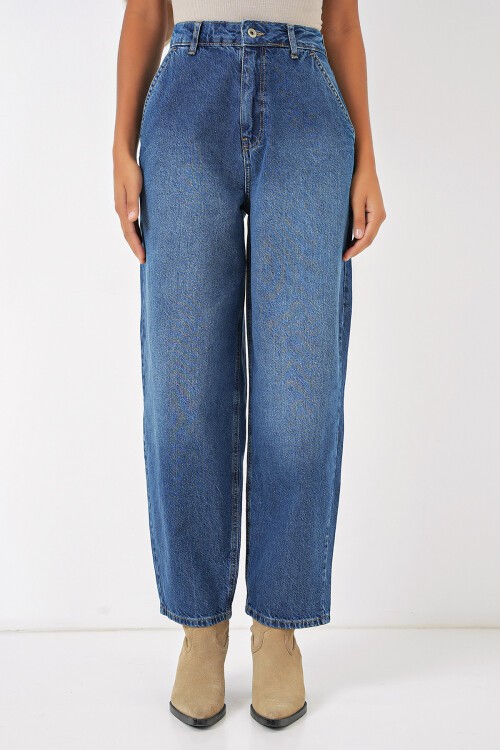 Merterium 6688 Kadın Yüksek Bel Baggy Kot Pantolon - Lacivert