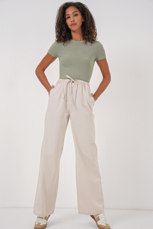 Merterium 6690 Kadın Bol Paça Yüksek Bel Pantolon - Krem