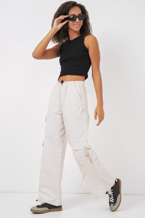 Merterium 6691 Geniş Paça Kargo Pantolon - Ekru