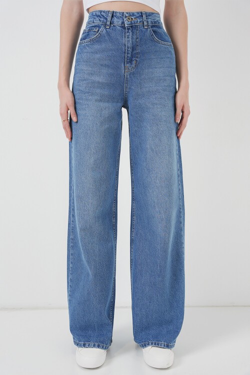 Merterium 6702 Kadın Bol Paça Yüksek Bel Palazzo Kot Pantolon - Lacivert