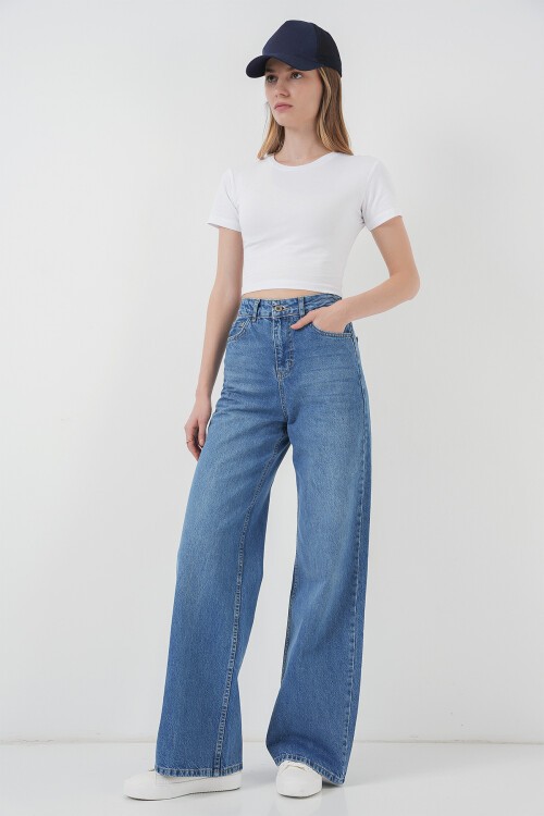 Merterium 6702 Kadın Bol Paça Yüksek Bel Palazzo Kot Pantolon - Lacivert