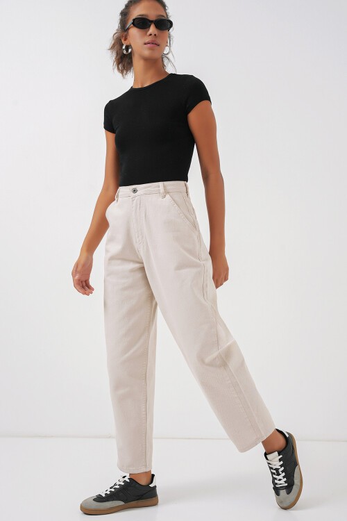 Merterium 6703 Yüksek Bel Kot Pantolon - Ekru