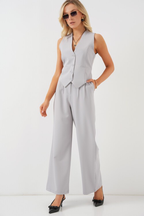 Merterium 6709 Kadın Yelek Pantolon İkili Takım - Gri