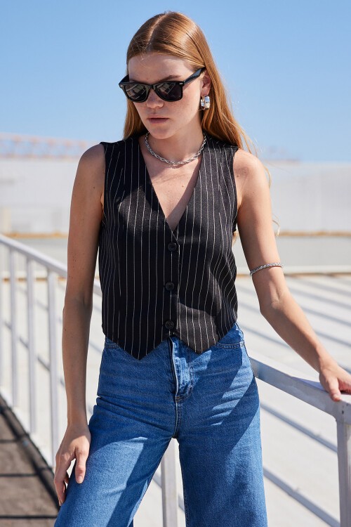 Merterium 6794 Çizgili Dokuma Yelek - Siyah