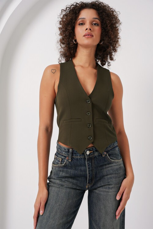 Merterium 6796 Kısa Dokuma Yelek - Haki