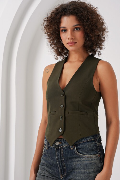 Merterium 6796 Kısa Dokuma Yelek - Haki