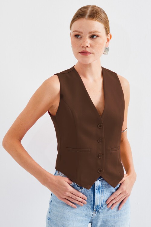 Merterium 6796 Kısa Dokuma Yelek - Kahverengi