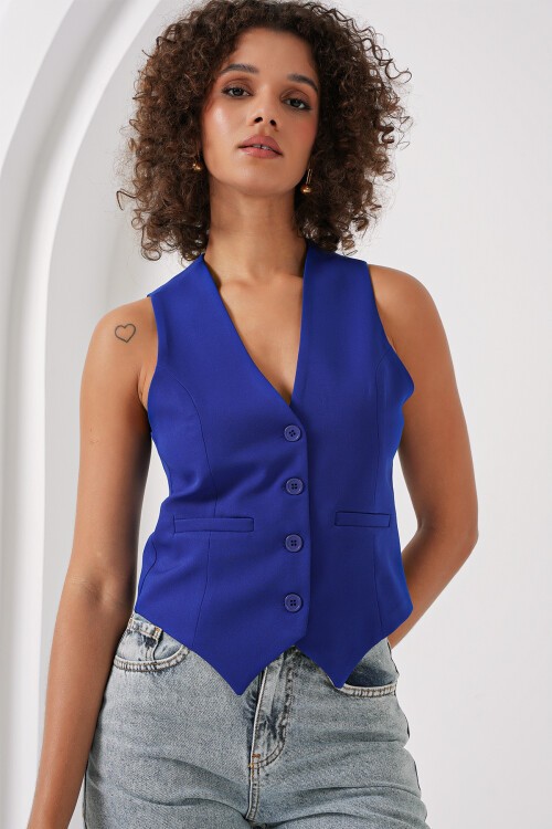 Merterium 6796 Kısa Dokuma Yelek - Saks