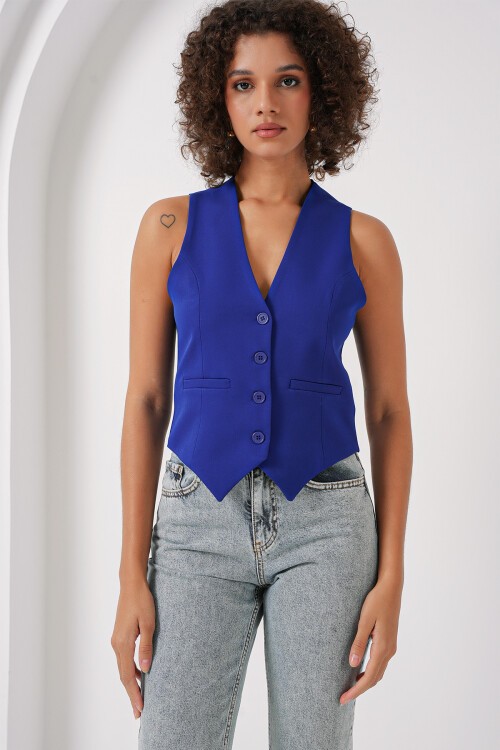 Merterium 6796 Kısa Dokuma Yelek - Saks