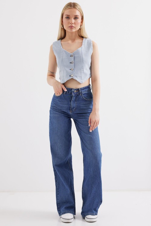 Merterium 6797 Crop Kot Yelek - Mavi