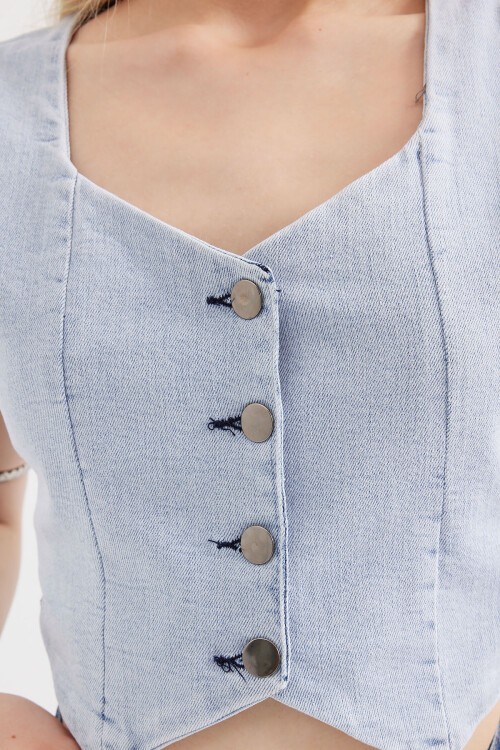 Merterium 6797 Crop Kot Yelek - Mavi