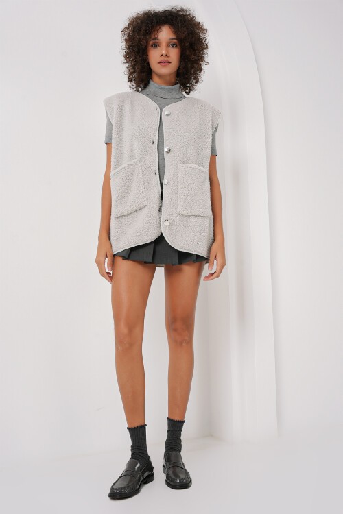 Merterium 6803 Cepli Peluş Yelek - Gri