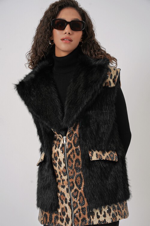 Merterium 6806 Suni Kürk Yelek - Siyah