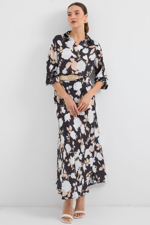 Merterium 8018 Desenli Saten İkili Takım - Siyah