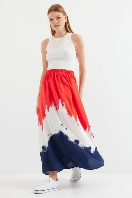 Merterium 8025 Desenli Uzun Viskon Etek - Kırmızı