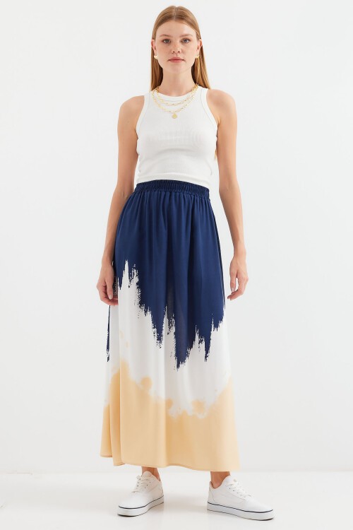 Merterium 8025 Desenli Uzun Viskon Etek - Lacivert