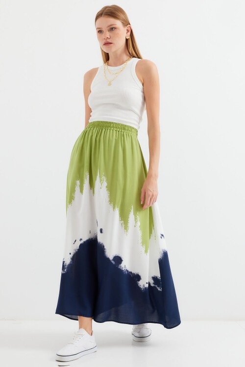 Merterium 8025 Desenli Uzun Viskon Etek - Yeşil