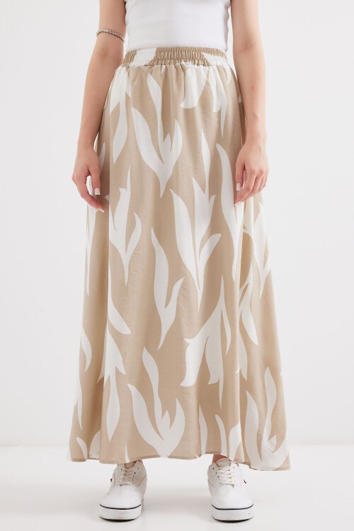Merterium 8028 Desenli Uzun Etek - Bej