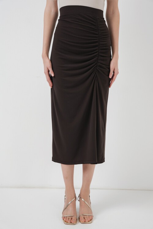 Merterium 8033 Sandy Yırtmaçlı Etek - Kahverengi