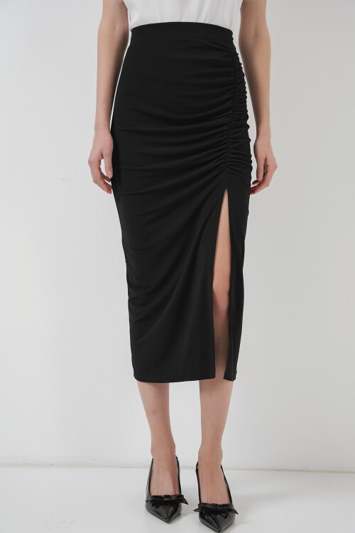 Merterium 8033 Sandy Yırtmaçlı Etek - Siyah