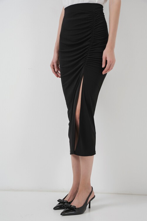 Merterium 8033 Sandy Yırtmaçlı Etek - Siyah