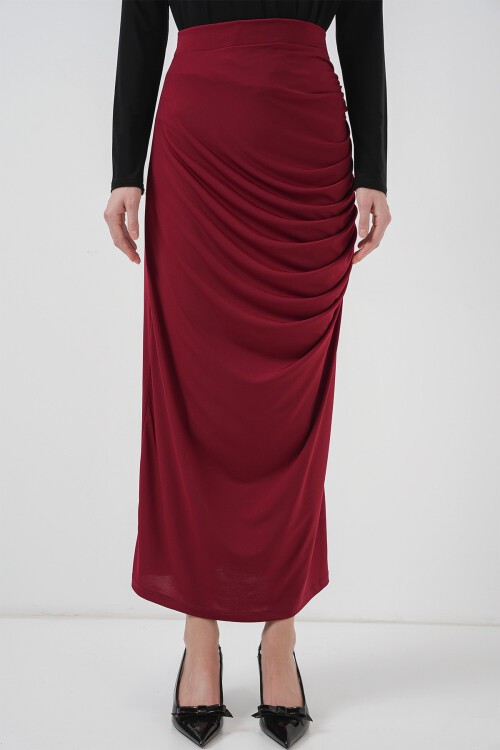 Merterium 8035 Büzgülü Midi Etek - Bordo
