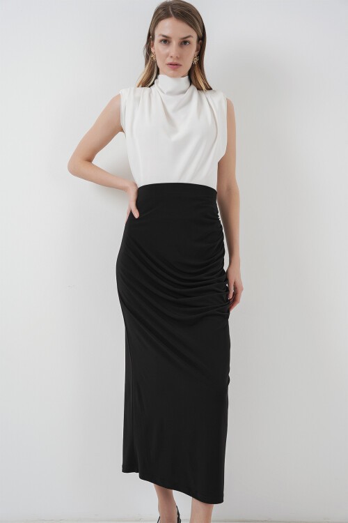 Merterium 8035 Büzgülü Midi Etek - Siyah