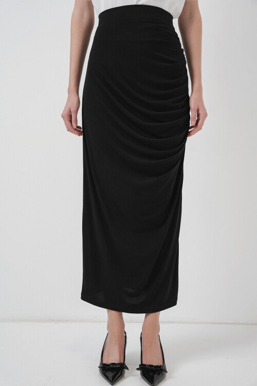 Merterium 8035 Büzgülü Midi Etek - Siyah