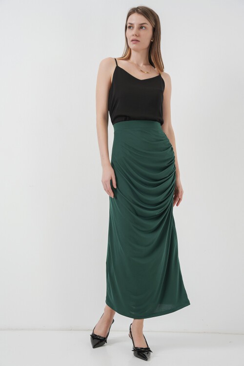Merterium 8035 Büzgülü Midi Etek - Zümrüt Yeşili