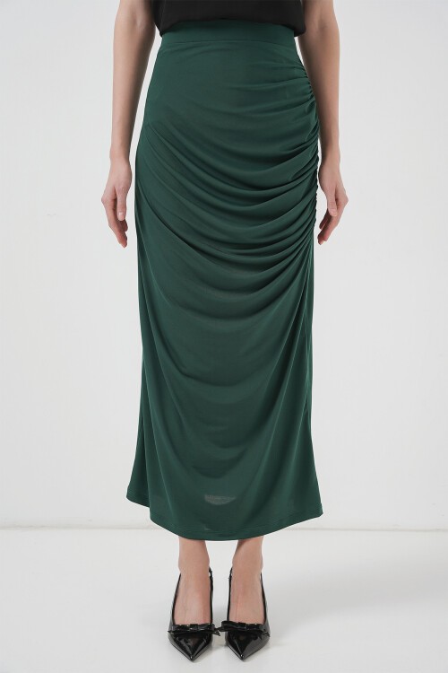 Merterium 8035 Büzgülü Midi Etek - Zümrüt Yeşili