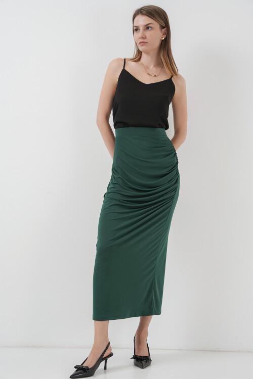 Merterium 8035 Büzgülü Midi Etek - Zümrüt Yeşili