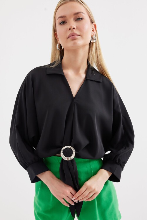 Merterium 905 Oversize Dökümlü Bluz - Siyah