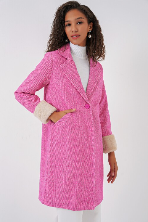 Merterium 9085 Balık Sırtı Kaşe Kaban - A.Fuşya